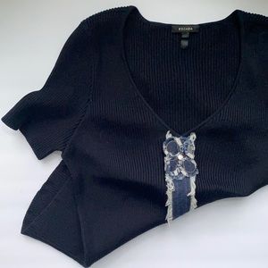 Escada designer women’s blue denim flower ribbed knit top, size medium EU 38